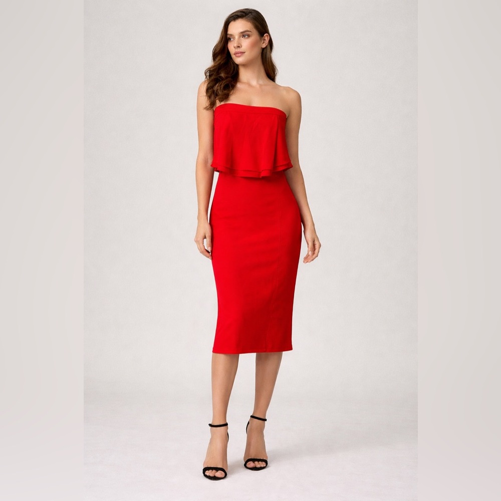 REISS Women’s Red Flounce Top Strapless Midi Dress Size 2 Extra Small